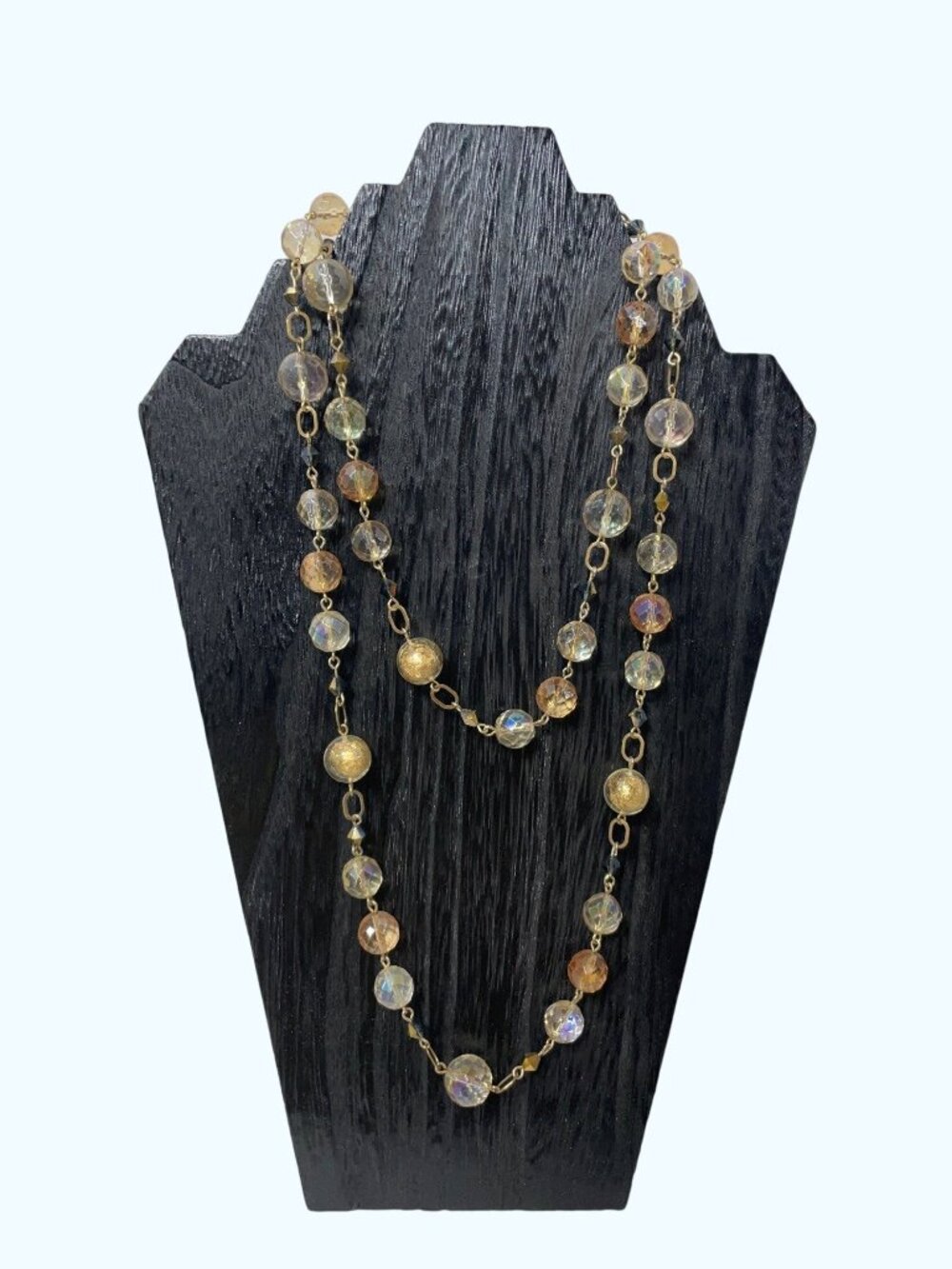 Vintage Gold Tone Aurora Borealis Crystal Bead Necklace With Lobster Clasp